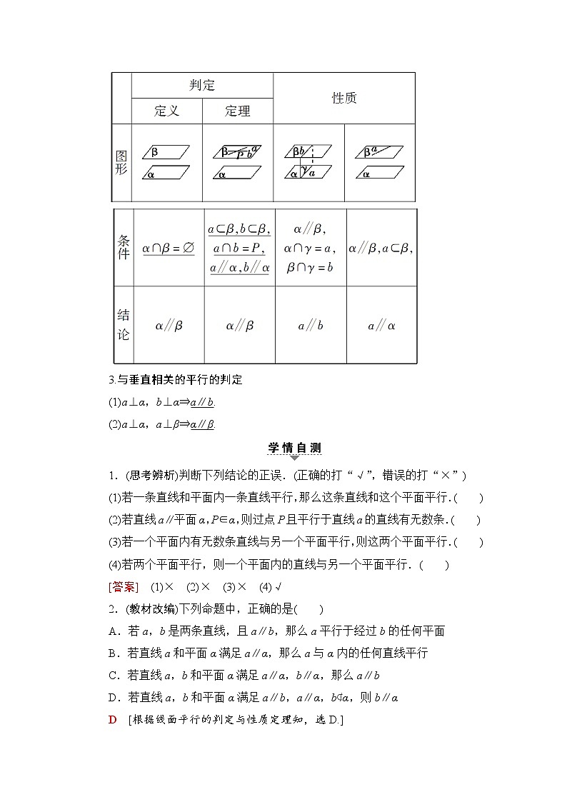 高三数学一轮复习： 第7章 第4节 直线、平面平行的判定及其性质 试卷02