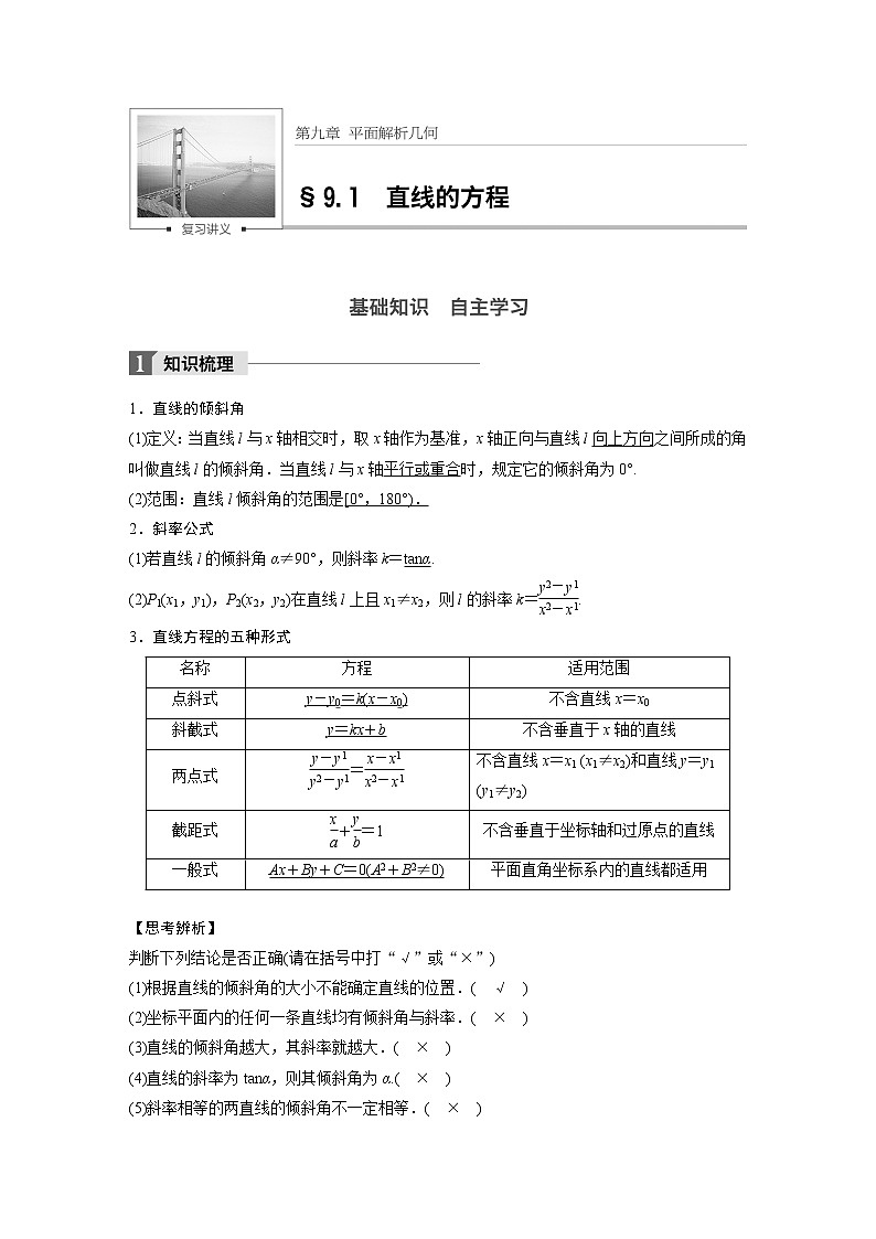 高考数学一轮复习讲义第9章第1节直线的方程01