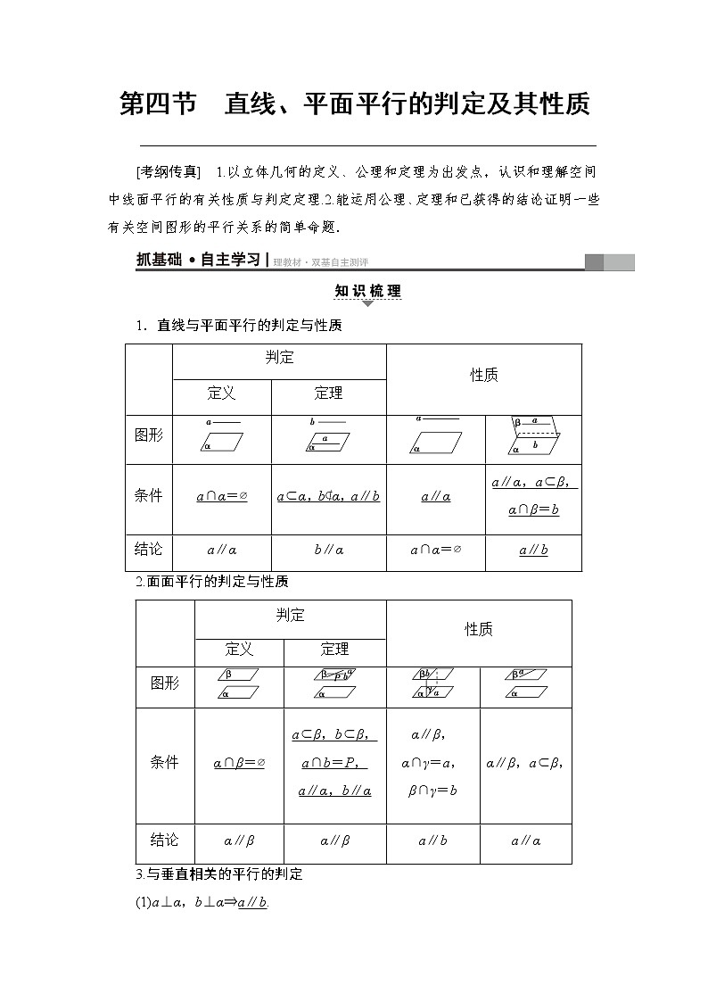 高考数学一轮复习 第7章 第4节 直线、平面平行的判定及其性质 试卷01
