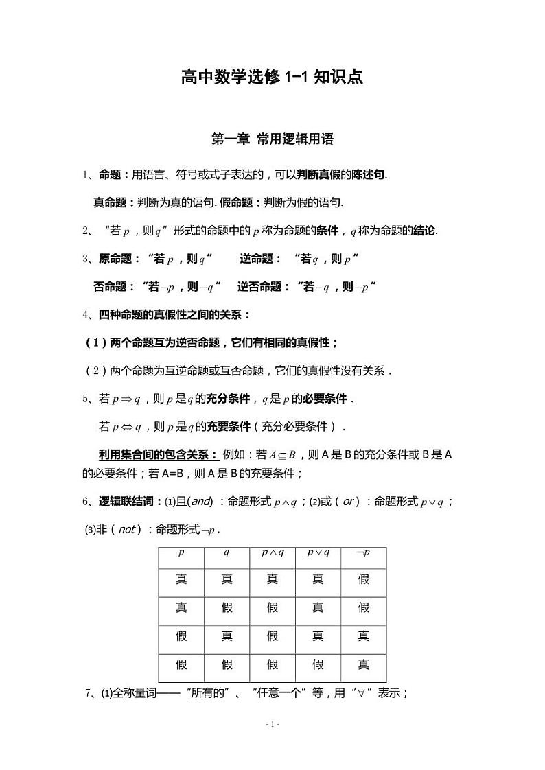 高中数学选修1-1知识点清单第1页