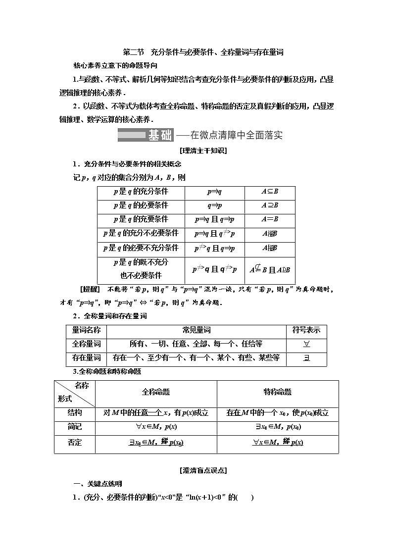 2022届高考数学一轮复习第一章第二节充分条件与必要条件、全称量词与存在量词教案第1页
