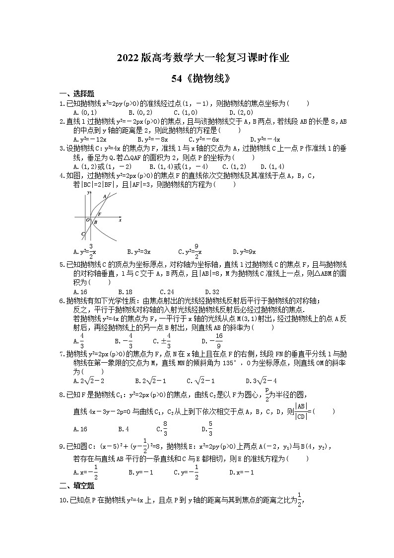 2022版高考数学大一轮复习课时作业54《抛物线》(含答案详解) 练习01