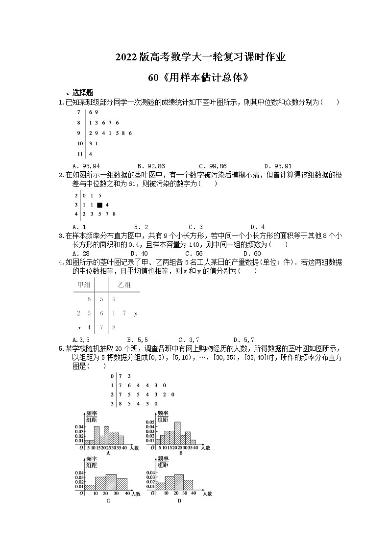 2022版高考数学大一轮复习课时作业60《用样本估计总体》(含答案详解) 练习01