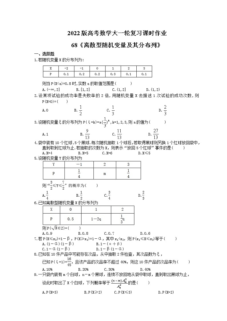 2022版高考数学大一轮复习课时作业68《离散型随机变量及其分布列》(含答案详解) 练习01