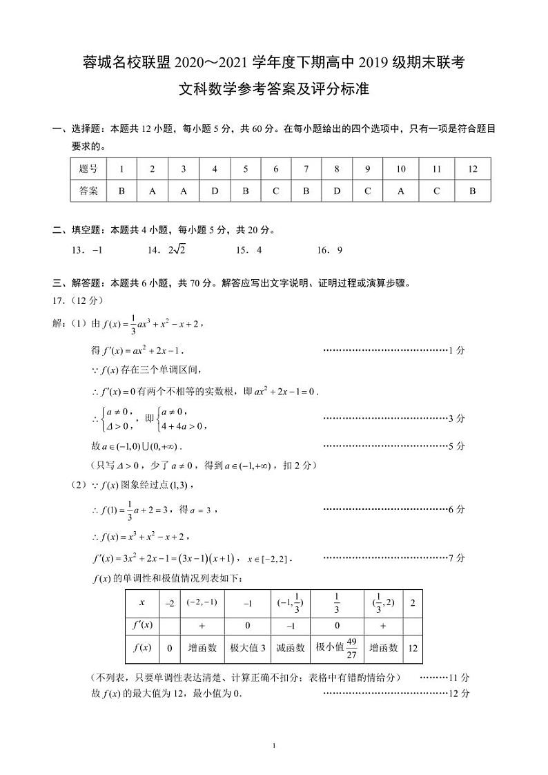 四川省蓉城名校联盟2020～2021学年度下期高中2019级期末联考文科数学+答案（PDF版） 试卷01