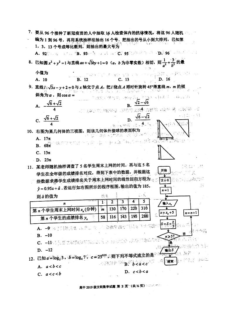 四川省蓉城名校联盟2020～2021学年度下期高中2019级期末联考文科数学+答案（PDF版） 试卷02