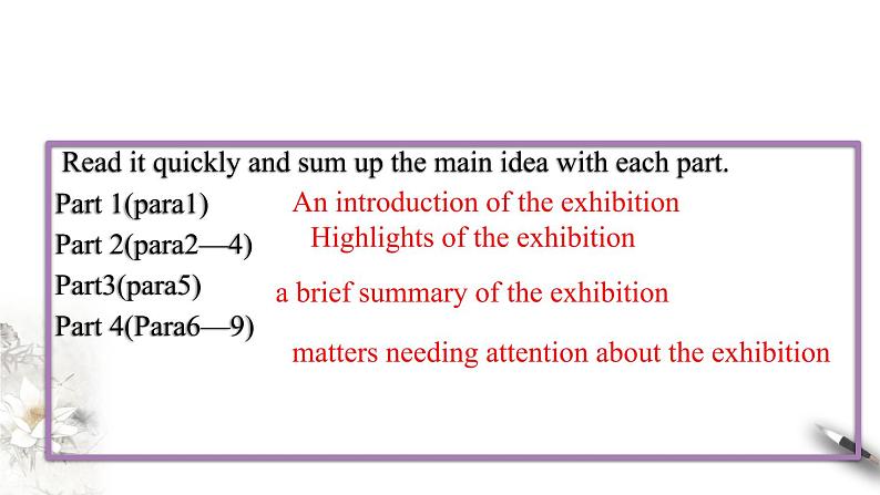 Unit 1 Art  Period 5 Using language(2) Reading for writing 课件-【新教材精创】高中英语新教材同步备课(人教版选择性必修第三册）05