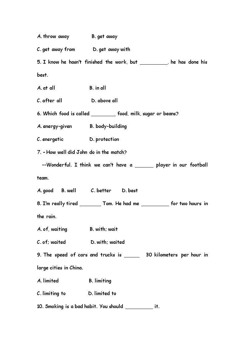 高中英语：Unit 2  Healthy  eating 单元综合评估测试（新人教必修3）02