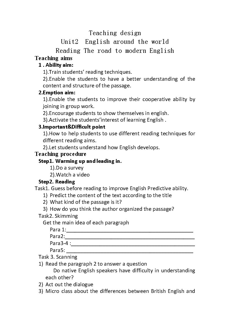 人教版新课标高中英语必修一Unit2 English around the world 教案01