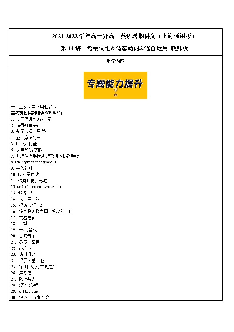 2021年上海市高二第一学期英语培优讲义第14讲 考纲词汇&情态动词&综合运用【教案】第1页