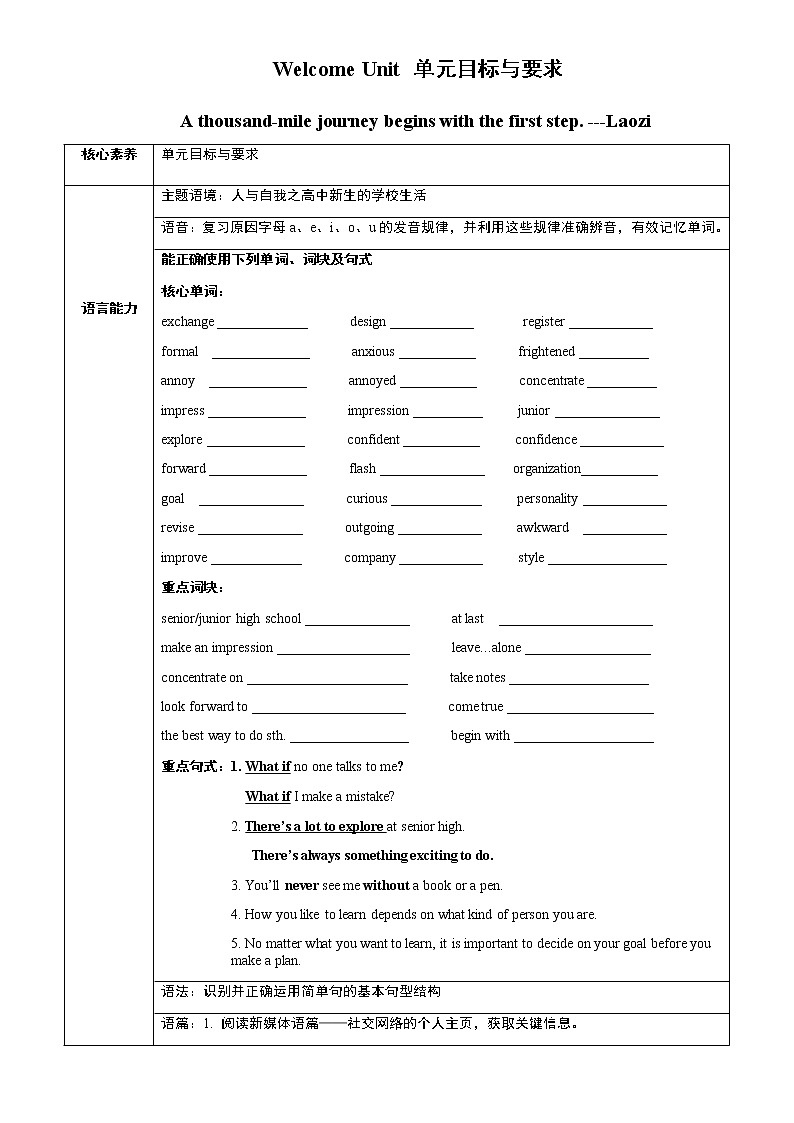 Welcome Unit 单元目标与要求 【新教材】人教版（2019）必修第一册练习题01