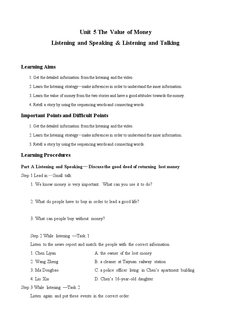 (学案)Unit 5 THE VALUE OF MONEY-Listening and Speaking ＆ Listening and Talking01