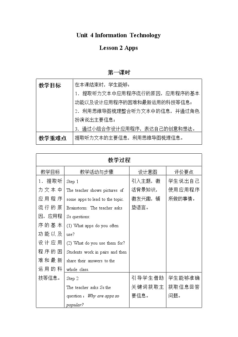 (教案)Unit 4 Information Technology Lesson 2 Apps第1页