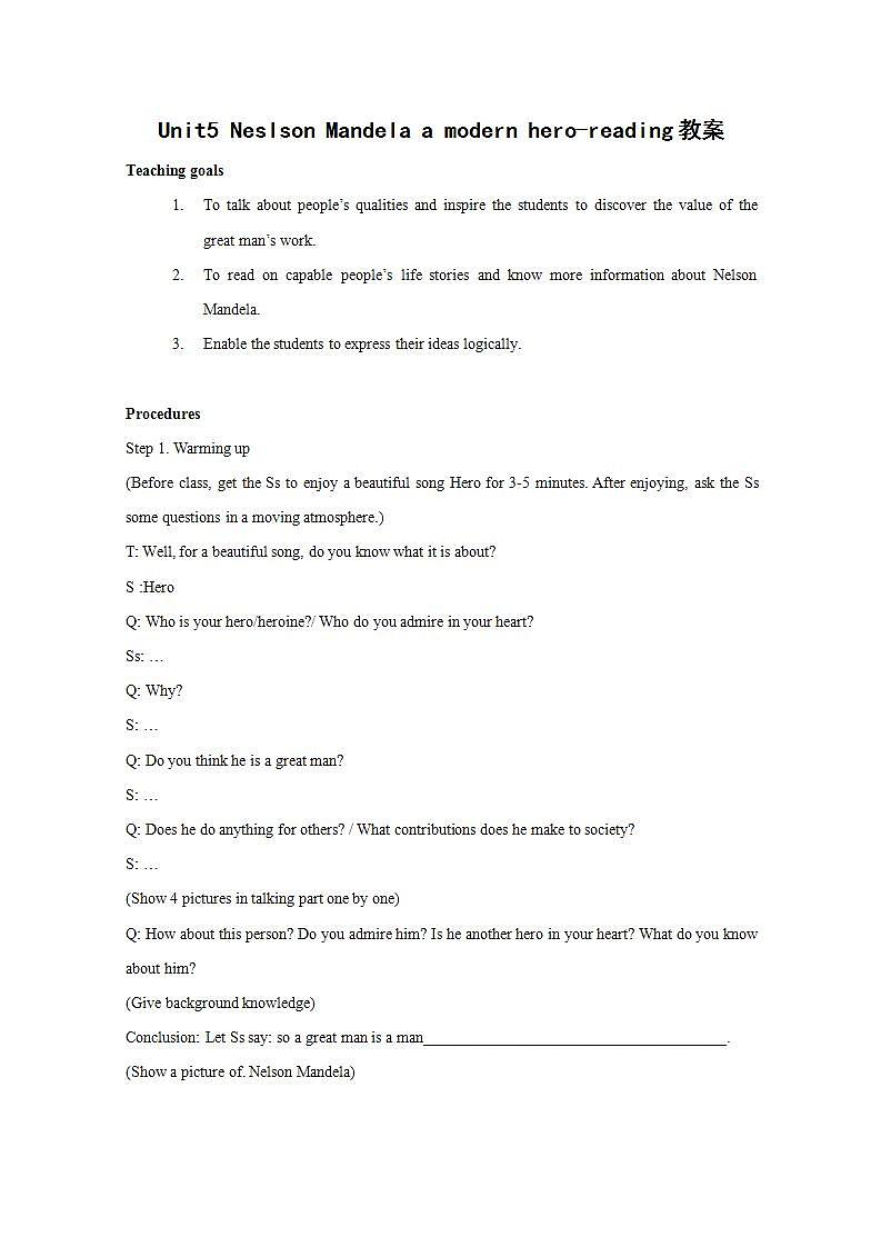 人教版高一英语必修1教案 Unit5  Nelson Mandela-a modern hero-reading教案01