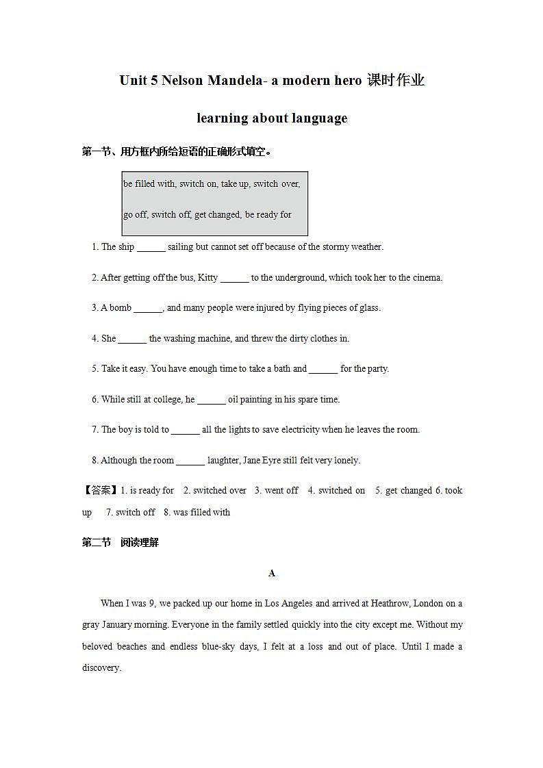 人教版高中英语必修一 Unit 5 Nelson Mandela- a modern hero learning about language课时作业 练习01