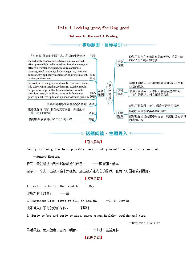 高中英语Unit4LookinggoodfeelinggoodWelcometotheunit&Reading练习含解析牛津译林版必修第一册01