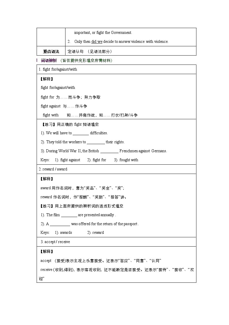 高中英语人教版必修1： unit 5 Nelson Mandela--a modern hero Language points  （系列五） Word版教案02