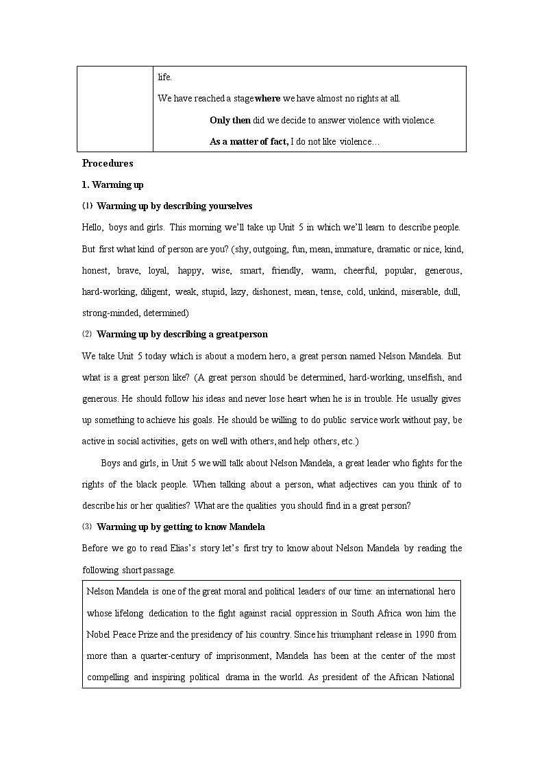 高中英语人教版必修1： unit 5 Nelson Mandela--a modern hero Reading  （系列五） Word版教案02
