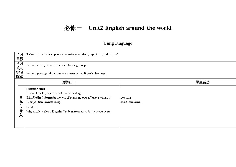 高中英语人教版必修1： Unit2 England around the world Using language （系列四） Word版教案第1页