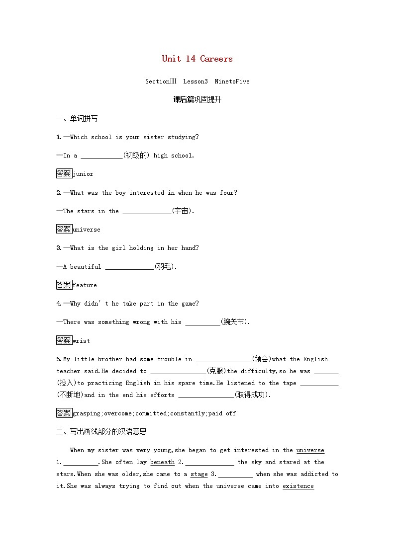 高中英语Unit14CareersSectionⅢLesson3NinetoFive课后篇巩固提升含解析北师大版必修5练习题01