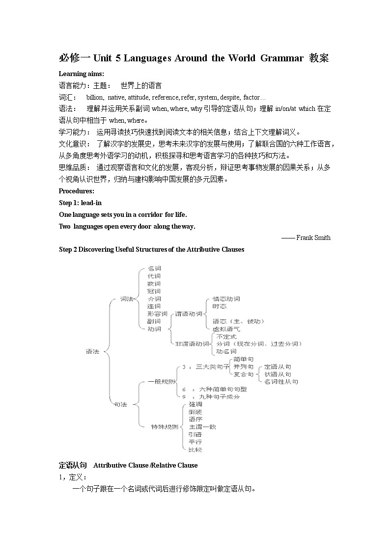 2020--2021学年新人教版 高中英语必修一Unit 5 Languages Around the World Grmmar教案第1页