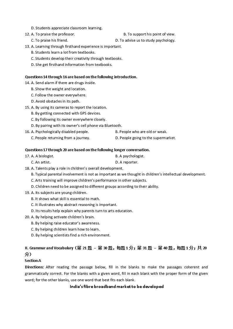 2020-2021学年上海向明中学高三上英语期中考试卷（含答案）02