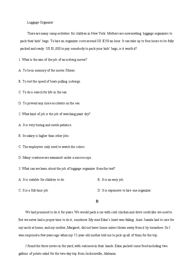 江西省部分学校2021-2022学年高一上学期期中英语试题精选汇编：阅读理解专题02