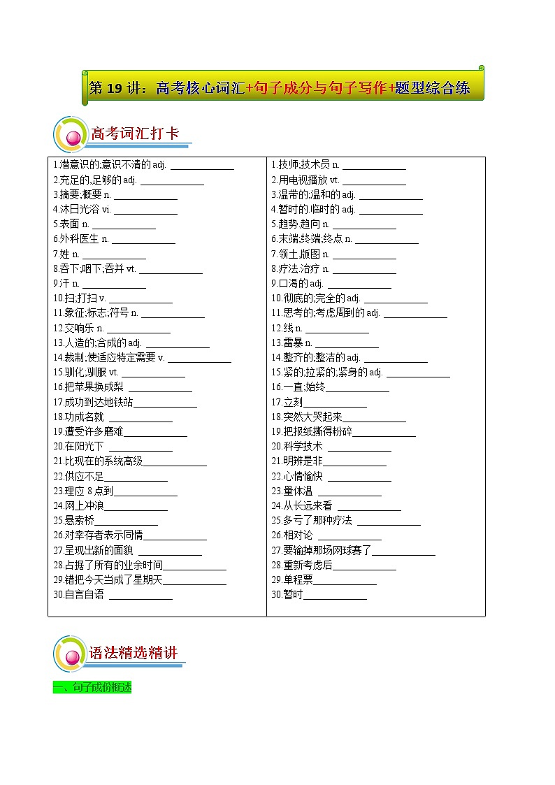 高考核心词汇+句子成份与句子写作专题【2022年高考一轮复习英语精品讲义】（含答案）第1页