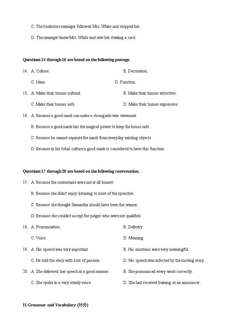 2020-2021学年上海市复旦附中高一上英语期末试卷（word含答案）03