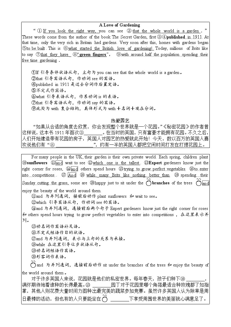 A Love of Gardening中英对照挖空练习学案第1页