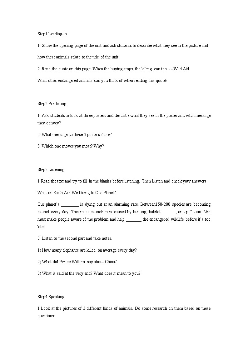 2020-2021学年高中英语 新人教版必修第二册 Unit 2 Wildlife Protection Period1 Listening and Speaking教案02