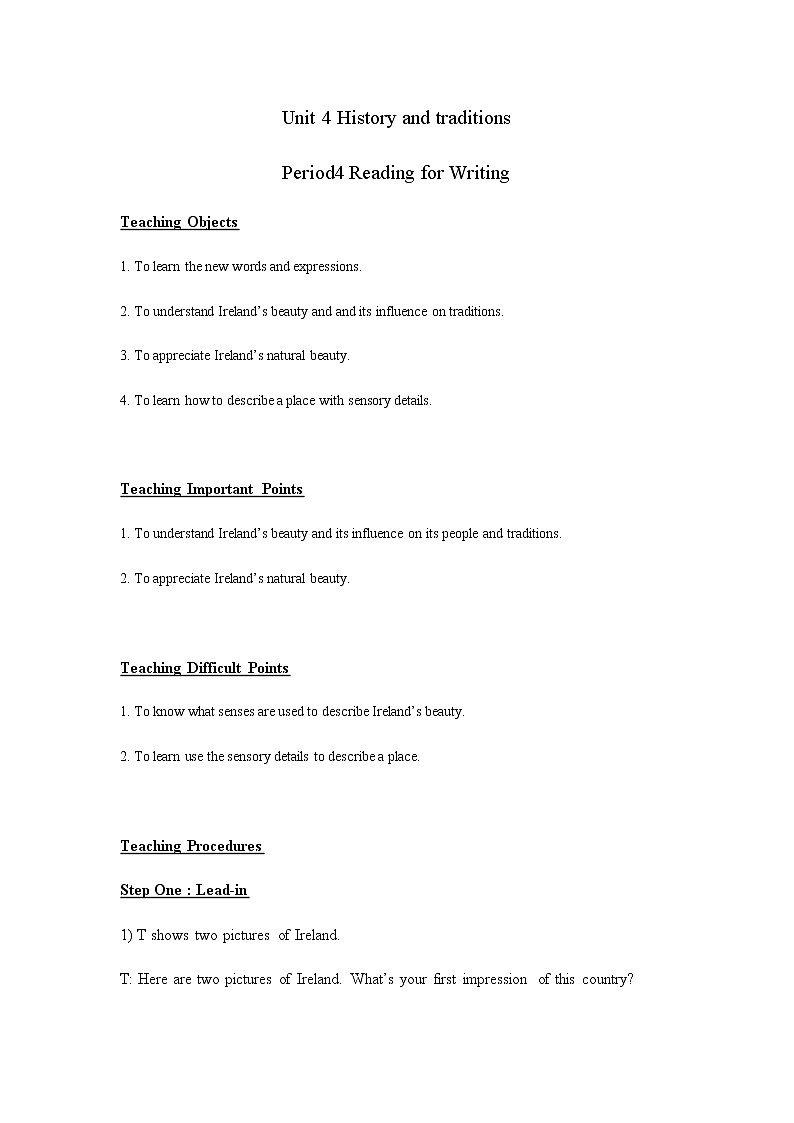 2020-2021学年高中英语 新人教版必修第二册 Unit 4 History and traditions Period4 Reading for Writing教案01