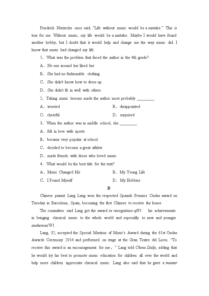 2020-2021学年高中英语新人教版必修第二册 Unit 5 Music sectionⅡ 基础提升 作业 练习03