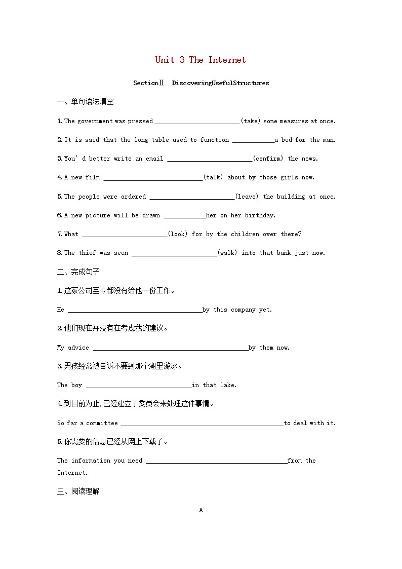 2020-2021学年高中英语新人教版必修第二册Unit3TheInternetSectionⅡDiscoveringUsefulStructures习题含解析第1页