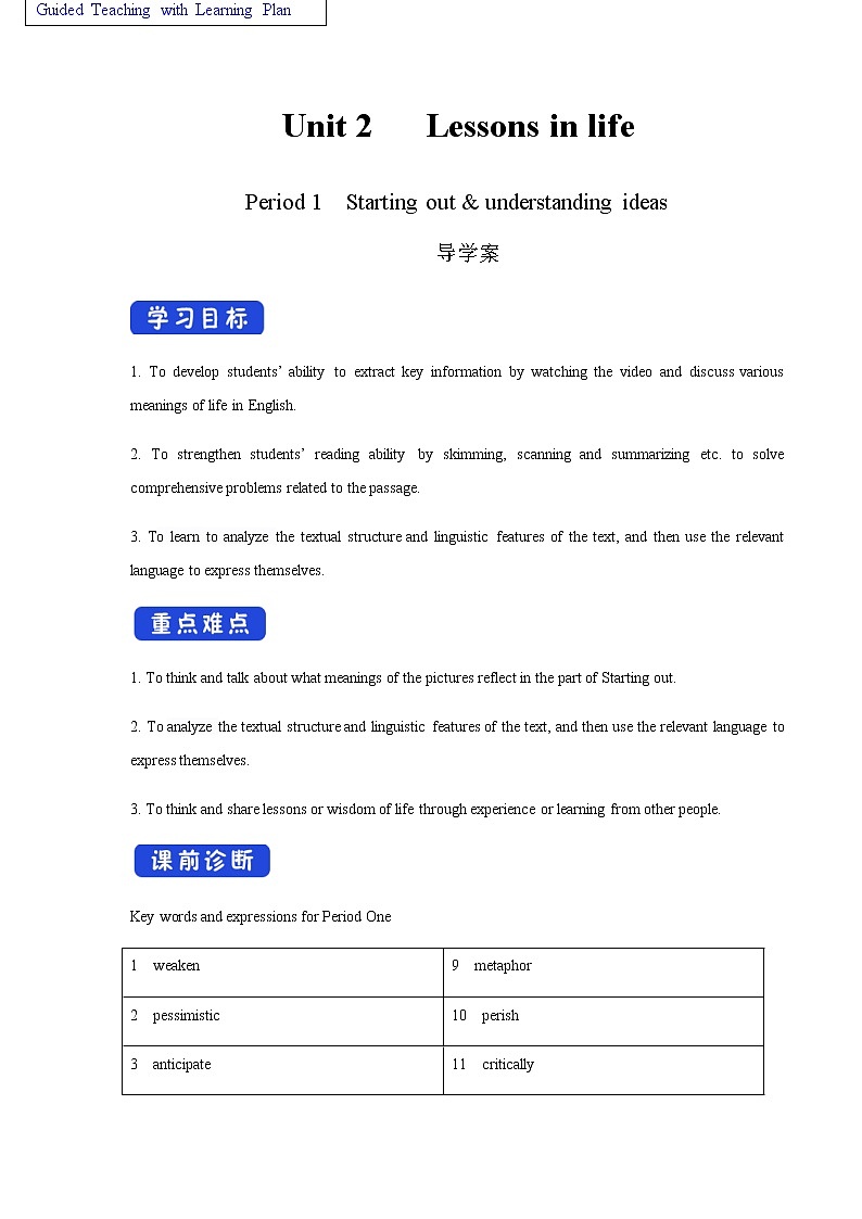 Unit 2 Lessons in life Period 1 Starting out and understanding ideas 导学案01