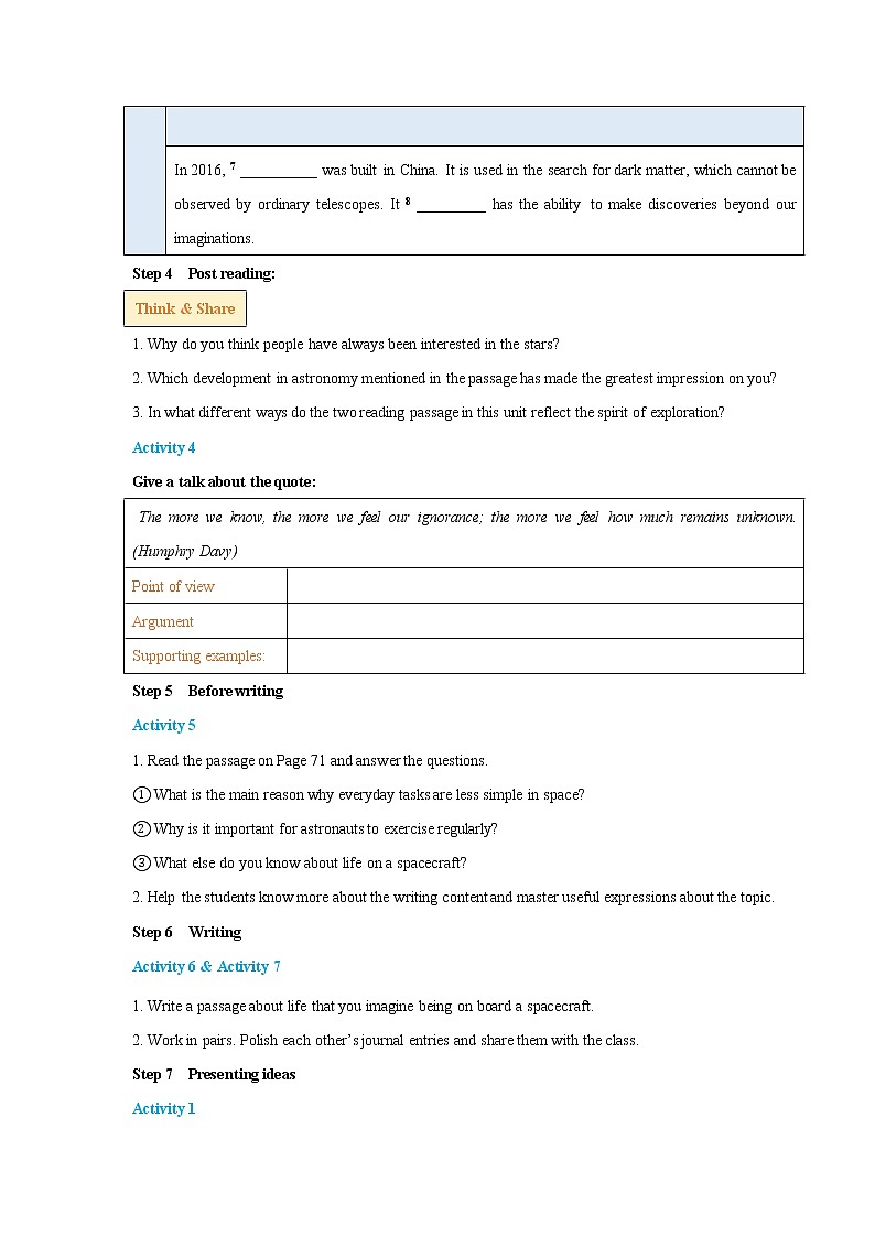 Unit 6 Space and beyond Period 3 Developinbg ideas and presenting ideas 导学案03