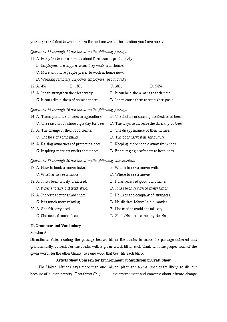 上海市崇明县2021-2022学年高三上学期一模英语试题02