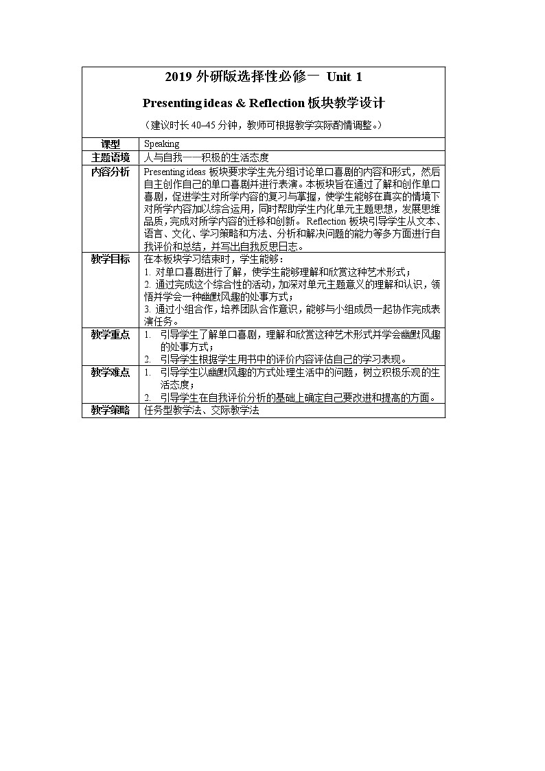 Unit 1 Presenting ideas & Reflection 教案01