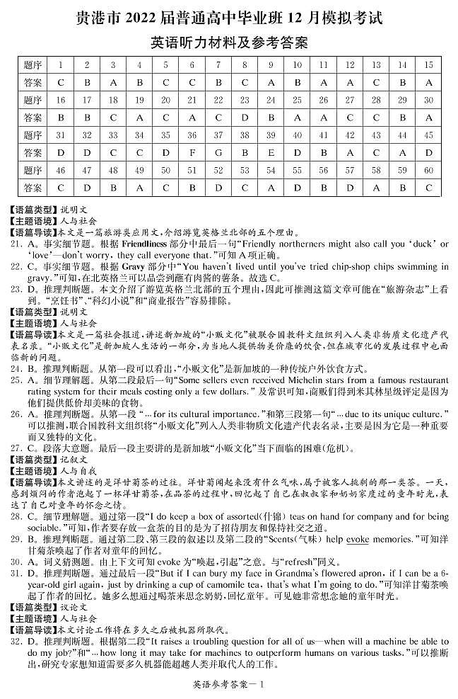 广西省玉林市、贵港市2022届高三上学期12月联合模拟考试英语PDF版含解析01