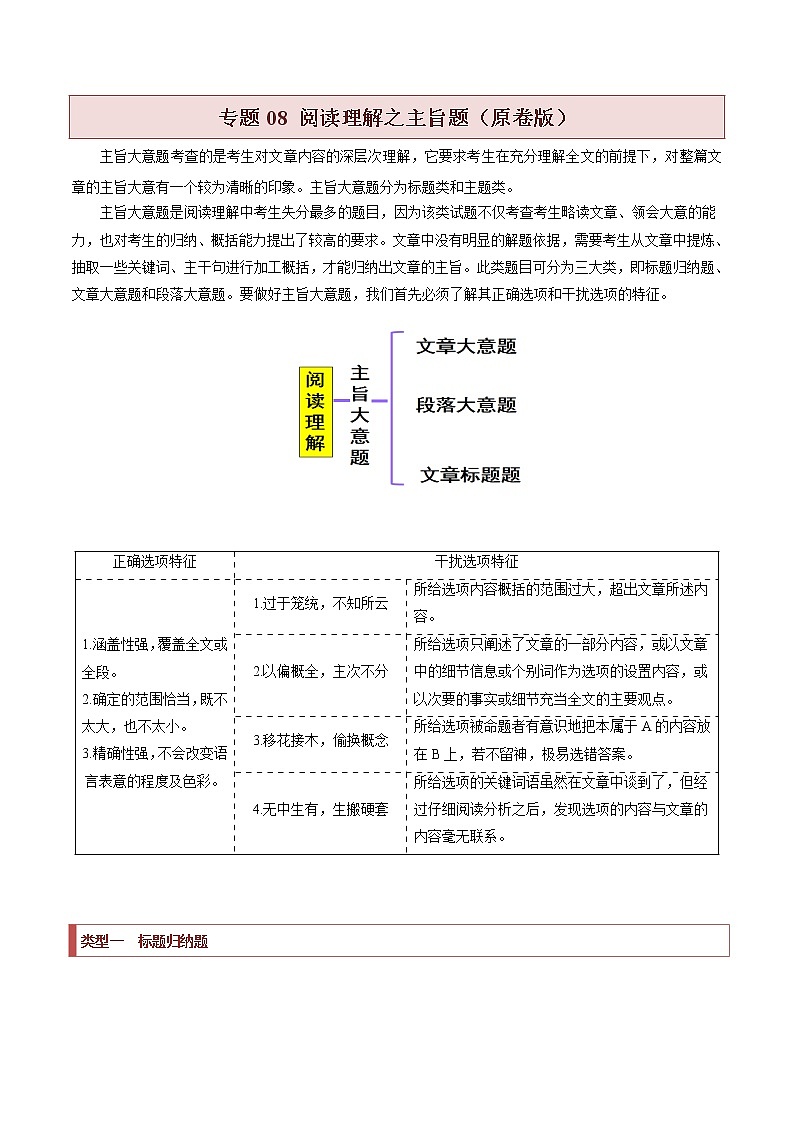 专题08 阅读理解之主旨题（原卷版）第1页