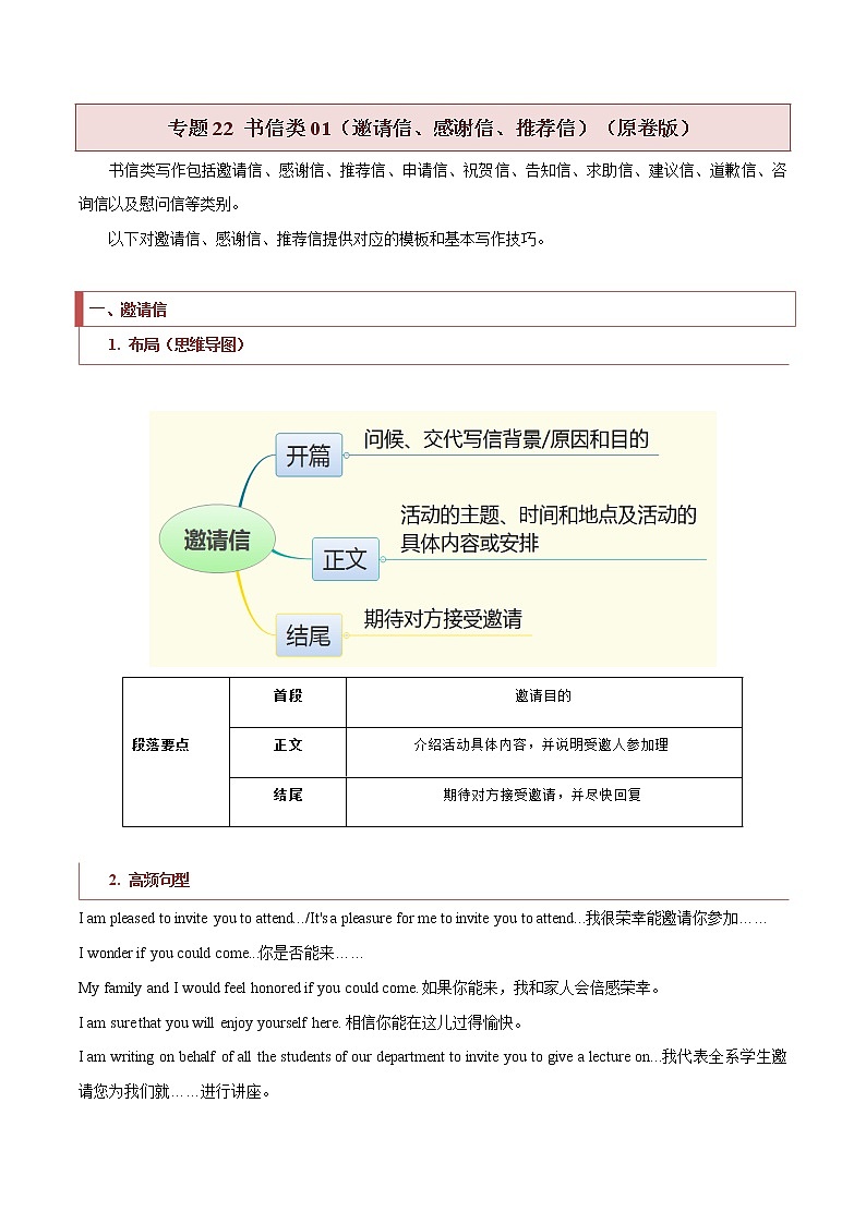 专题22 书信类01（邀请信、感谢信、推荐信）（原卷版）第1页
