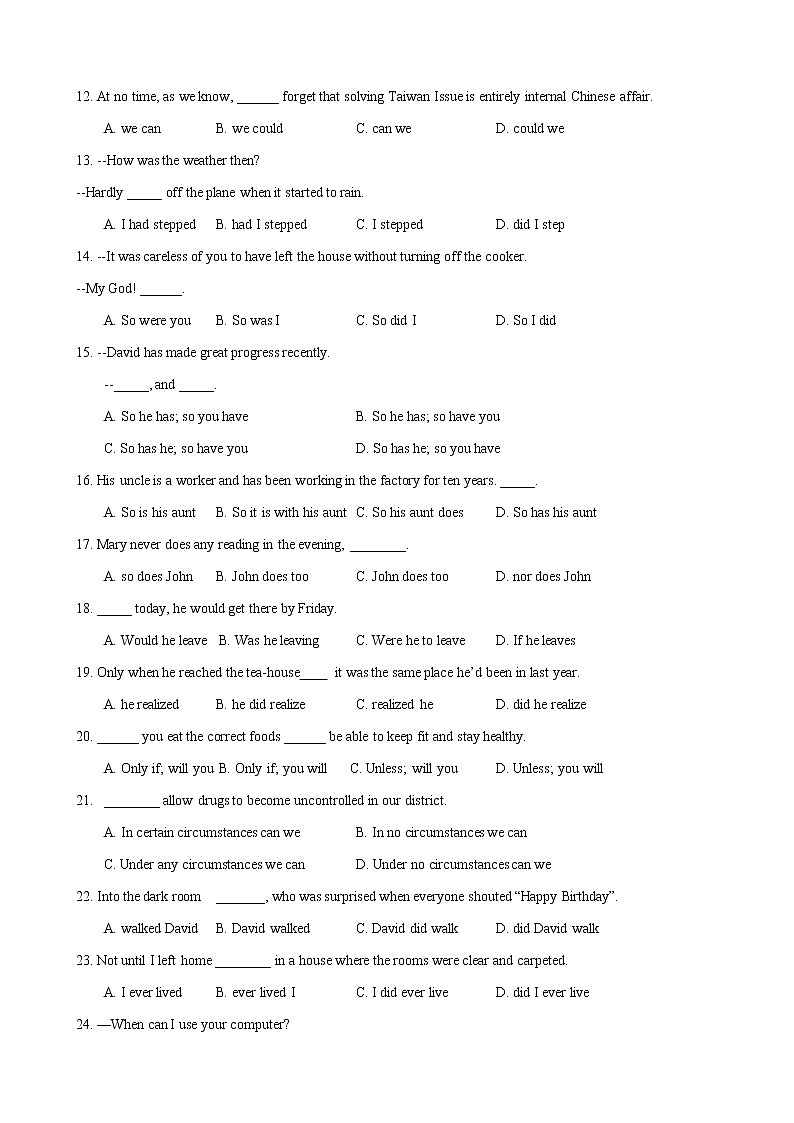2022届大一轮复习语法系列-18倒装句两种类型 高考高频考点 so句型   （原卷版）第2页