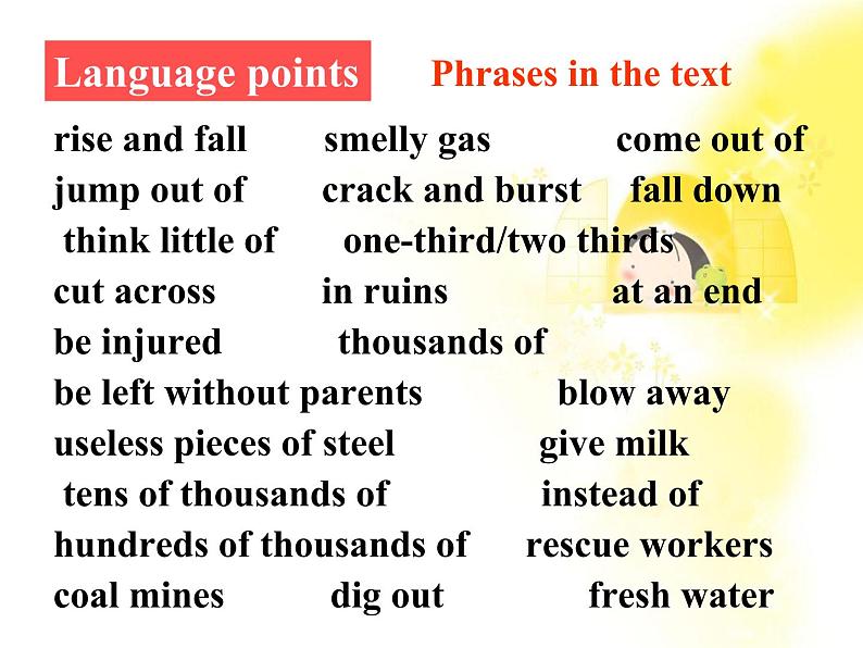 江西省井冈山中学高一英语人教版必修1《unit 4 earthquakesr》Language points课件第3页