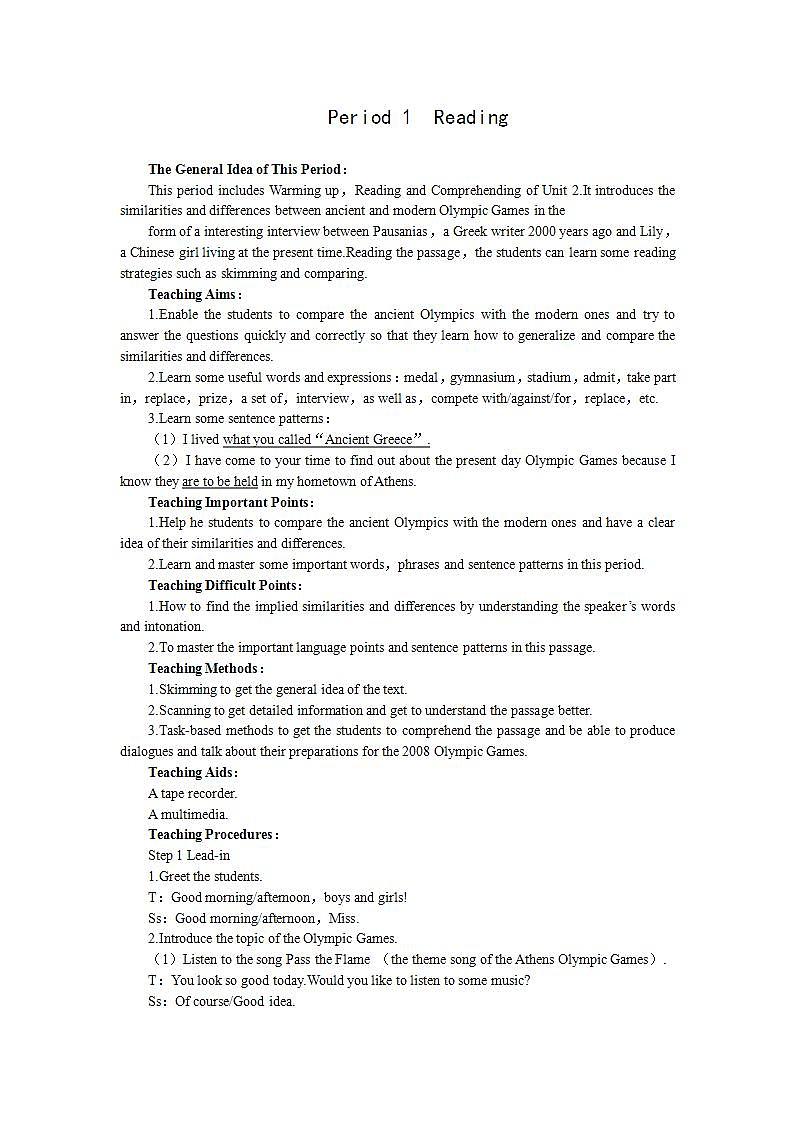 英语人教版必修二Unit2《The Olympic Games》教案Period1 Reading01