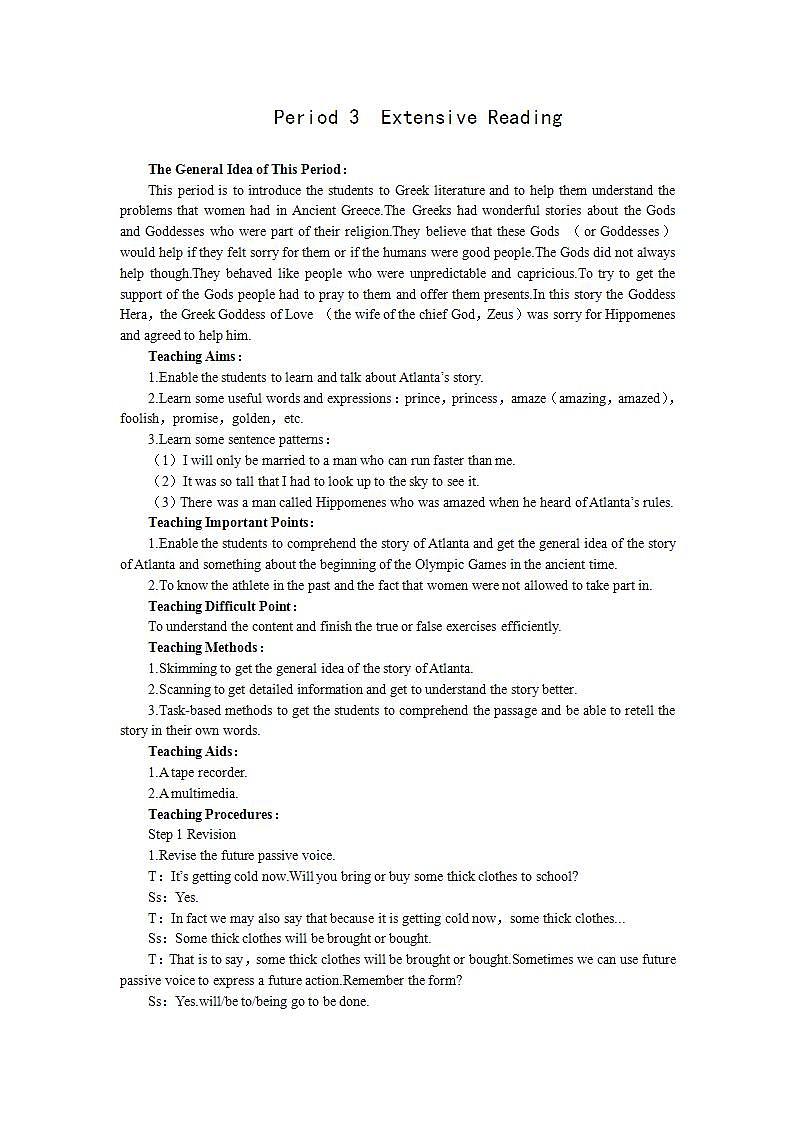 英语人教版必修二Unit2《The Olympic Games》教案Period3 Extensive Reading01
