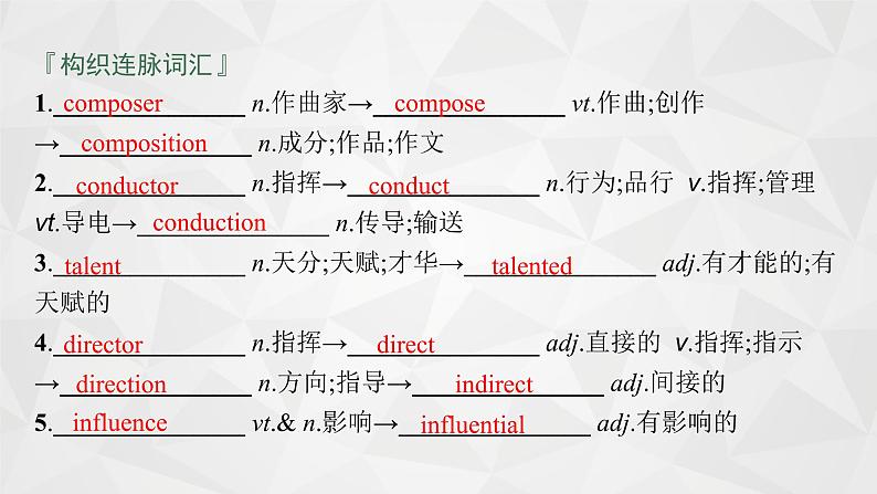 （新高考）2022届高中英语外研版一轮复习 必修2 必备预习案 Module 3 Music 精品课件05