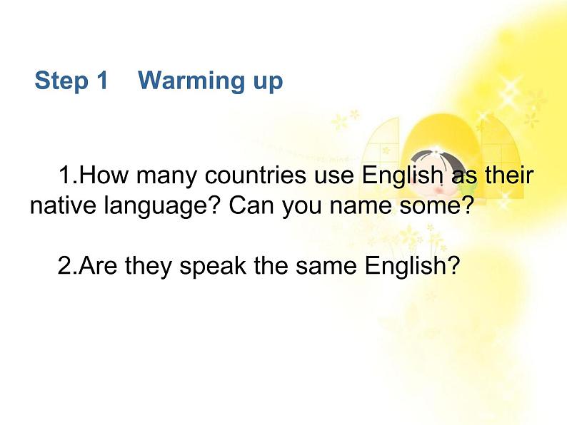 陕西省澄城王庄中学高一英语人教版必修1  unit2《English around the world》Period 1 Warming up & Reading 课件02