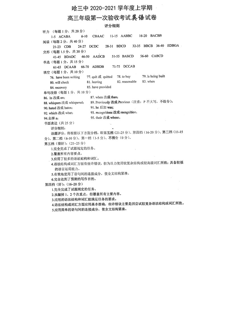 2020-2021学年黑龙江省哈尔滨市第三中学上学期高三英语第一次验收考试试题 PDF版含答案01