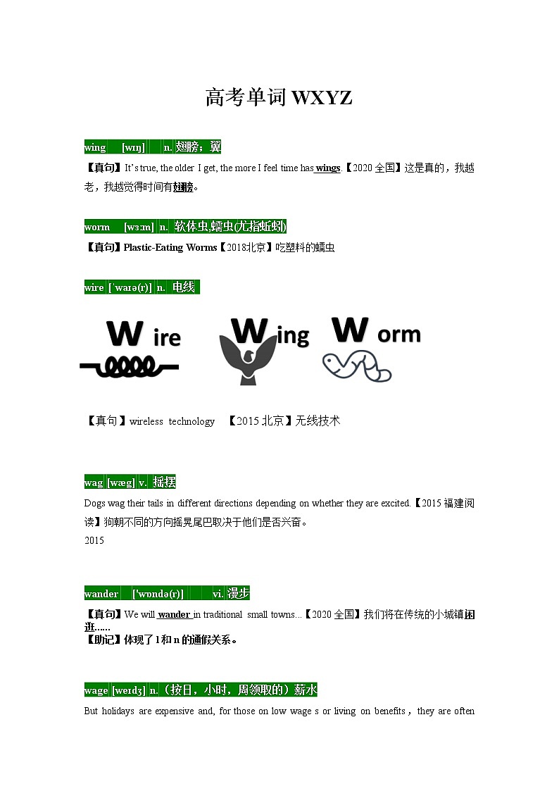 20 高考单词WXYZ -十年（2012-2021）高考英语3500单词分字母汇编（高考真句+检测）第1页