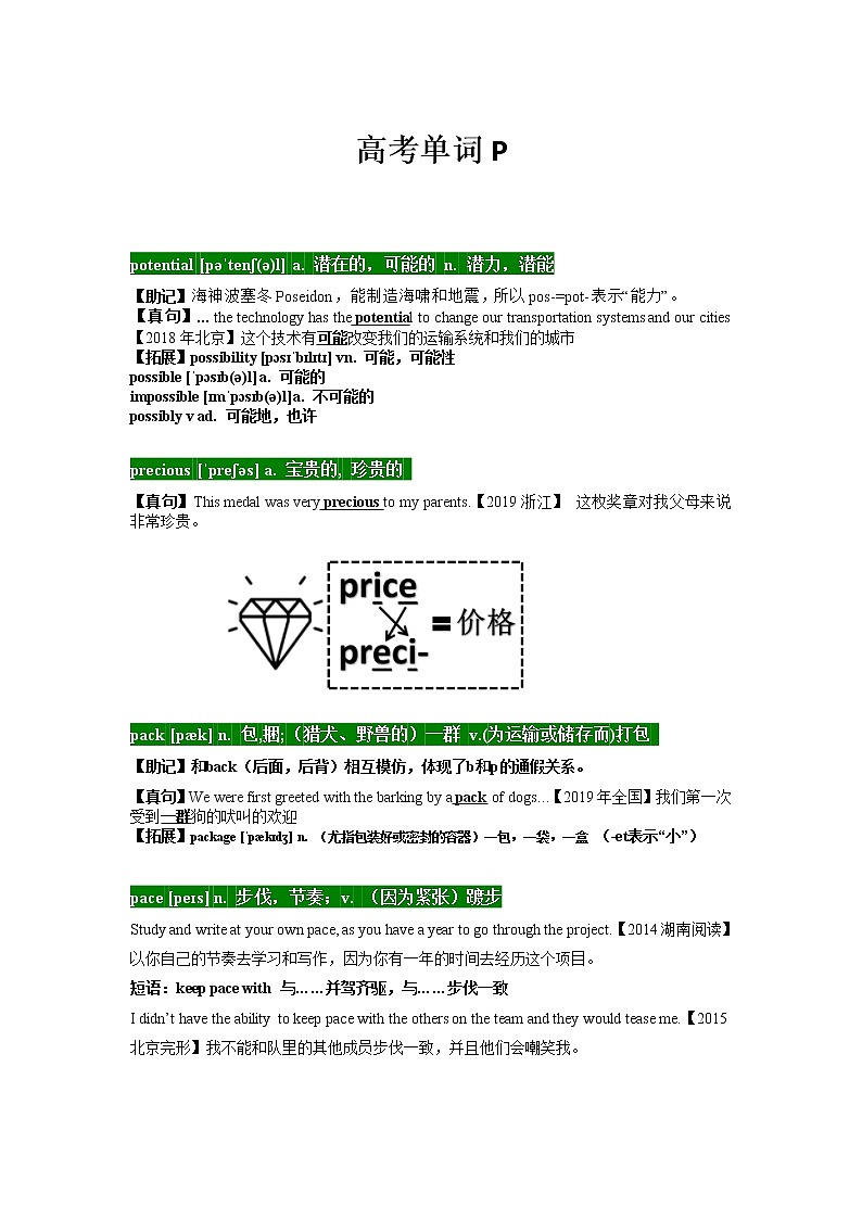 14 高考单词P -十年（2012-2021）高考英语3500单词分字母汇编（高考真句+检测）第1页